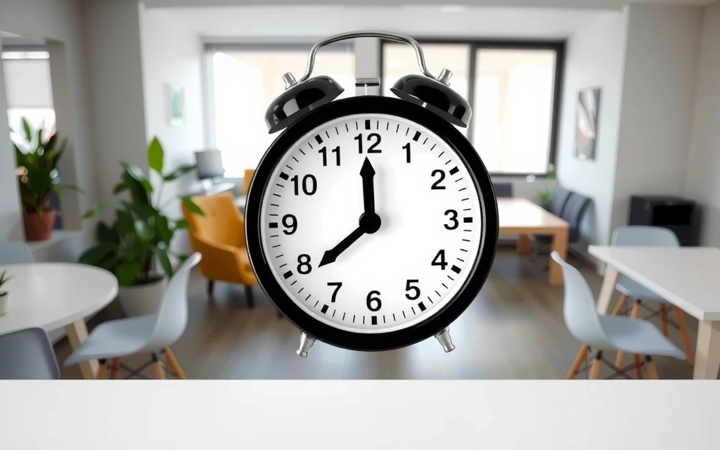 Orologio stilizzato con lancette che indicano orari di apertura, su uno sfondo sfocato di un ufficio moderno e accogliente