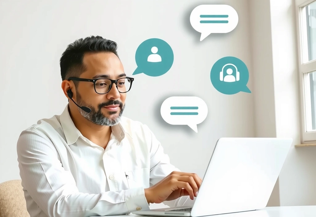 Uomo che digita sul laptop, simbolo di contatto e supporto clienti