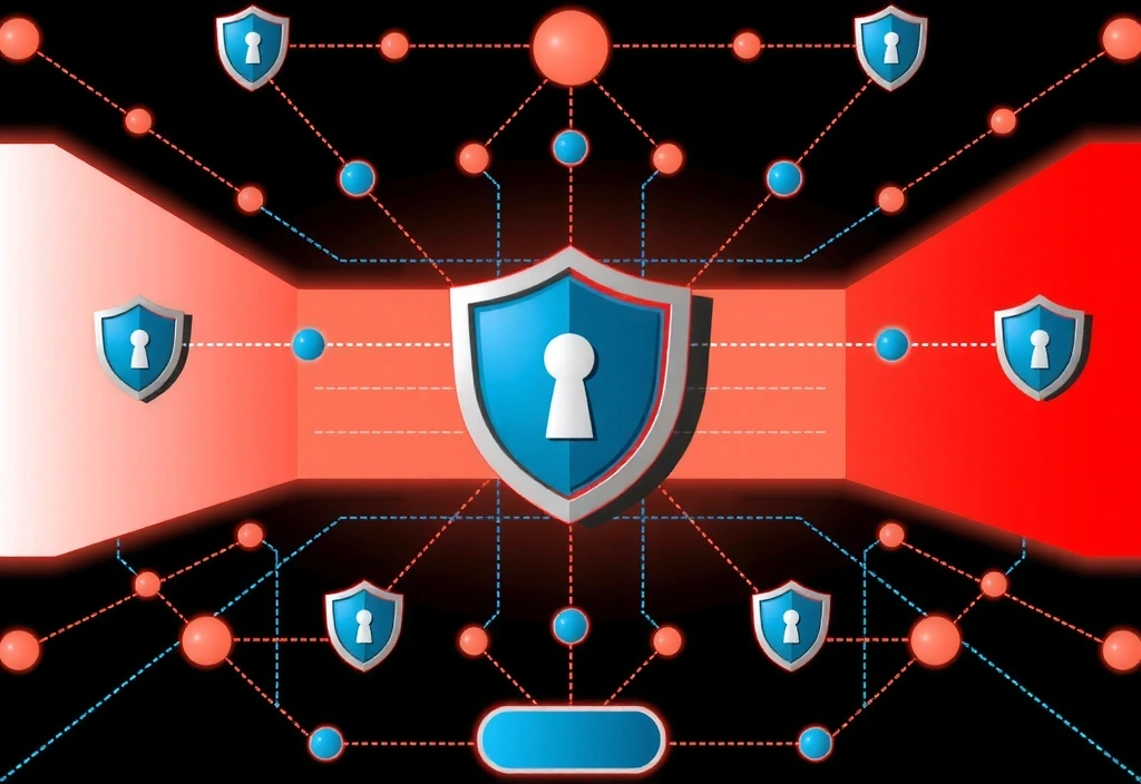 Firewall digitale stilizzato con scudi e barriere che proteggono i dati