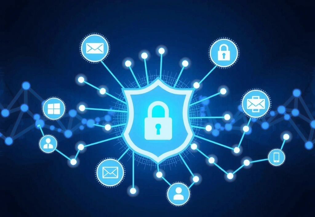 Illustrazione di dati digitali che fluiscono in modo sicuro, con icone di privacy e protezione