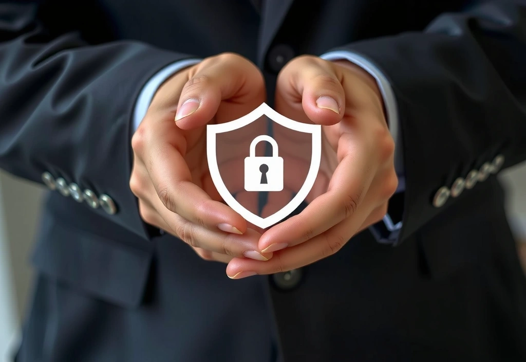 Mani che si stringono con un'icona di privacy al centro, suggerendo fiducia nella condivisione dei dati