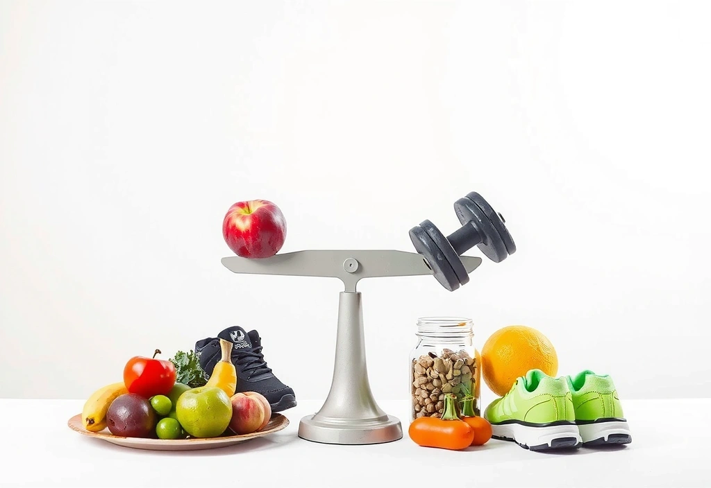 Concetto astratto di gestione del peso, con una bilancia che equilibra alimenti sani su un lato e attività fisica sull'altro, simbolo di equilibrio e benessere. Colori pastello, composizione pulita.