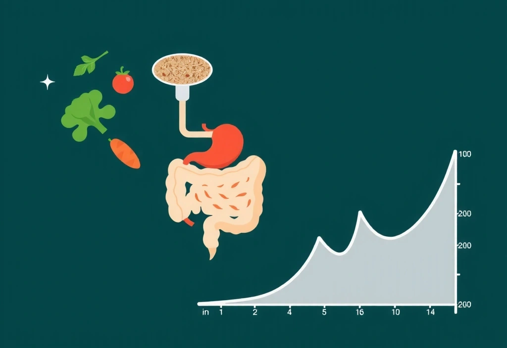 Illustrazione medica astratta che mostra il sistema digestivo umano o un grafico del livello di zucchero nel sangue, con elementi di cibo sano che interagiscono con esso, in uno stile pulito e moderno.