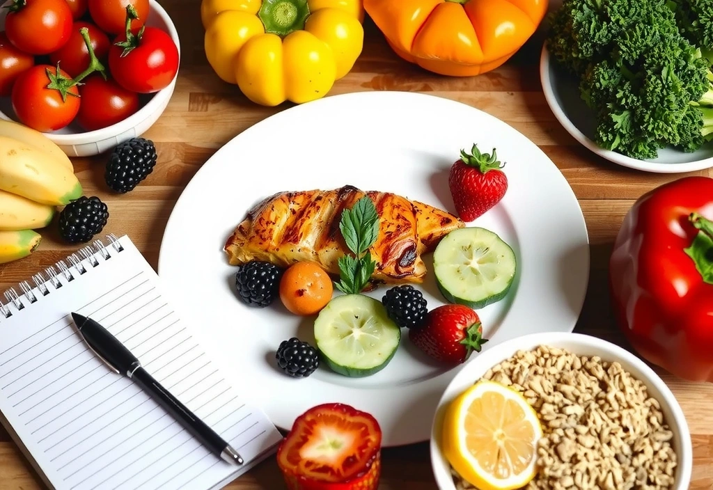 Un tavolo imbandito con un piano alimentare equilibrato, ricco di frutta fresca, verdura, proteine magre e cereali integrali, con un quaderno di appunti nutrizionali accanto.