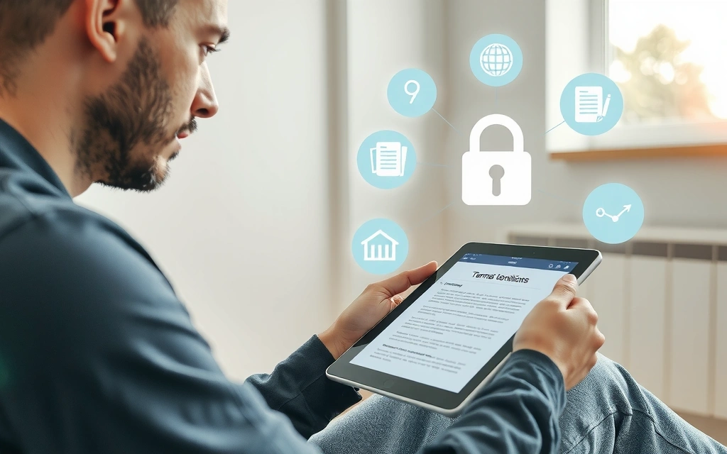Una persona che legge termini e condizioni su un tablet, circondata da icone di sicurezza e legalità